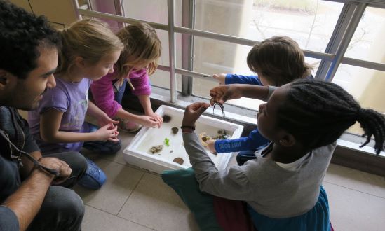 A graduate student showing students a starfish