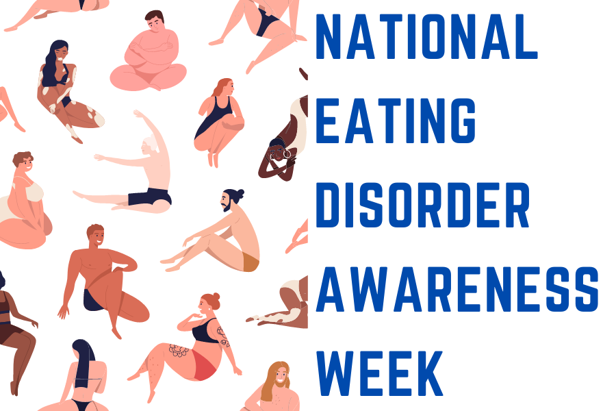banner includes graphic of diverse bodies against a white background and text that reads "national eating disorders awareness week" 