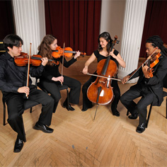 the School of Music's honor's quartet (L to R) Leonidas Caceres, violin, Anat Kardontchik, violin, Ana Zorro, cello and Andrew Griffin, viola