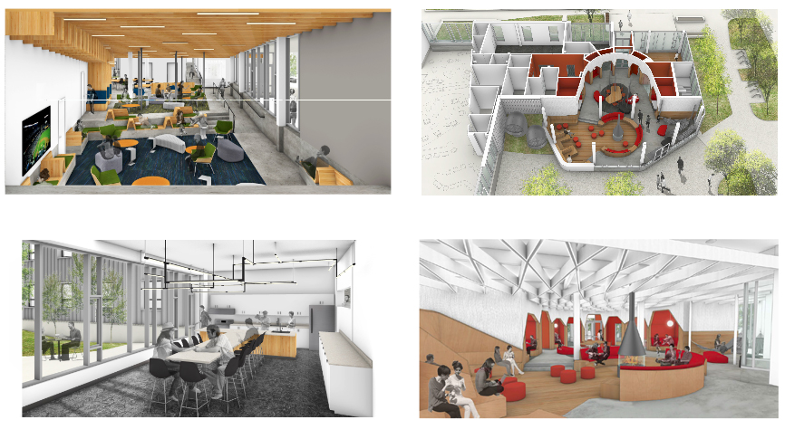 Renderings of the Fifth and Clyde’s community space, complete with a study nooks, a central hearth and community kitchens.