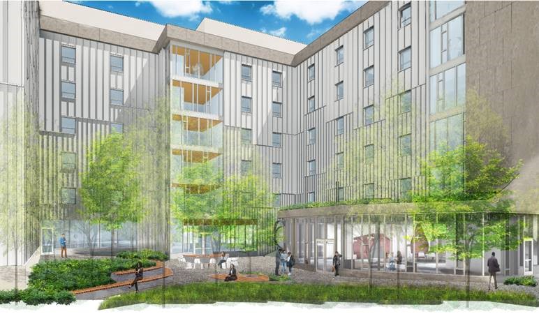 Rendering of the Fifth and Clyde’s courtyard space, where students and the community can relax and rejuvenate in a green space.