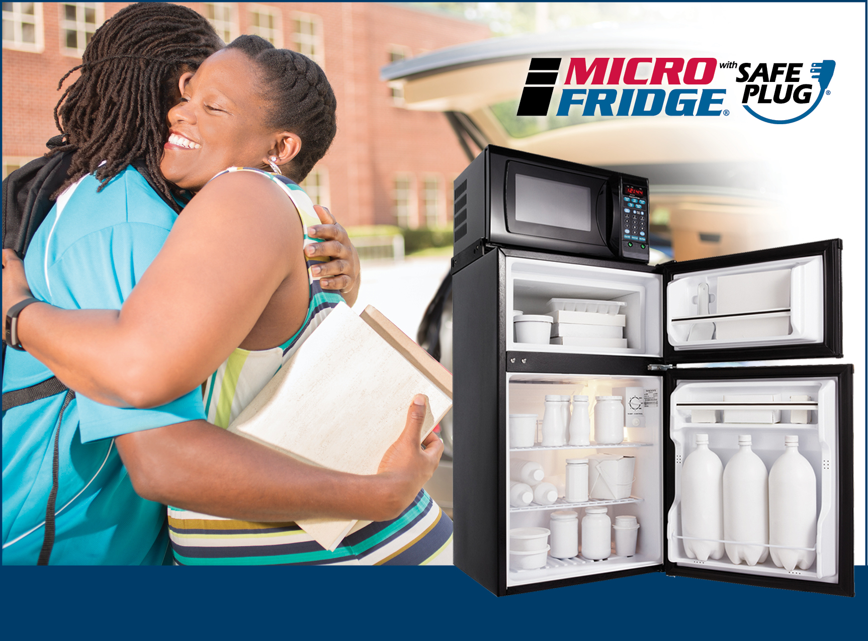 Photo of mother and daughter hugging and a microfridge