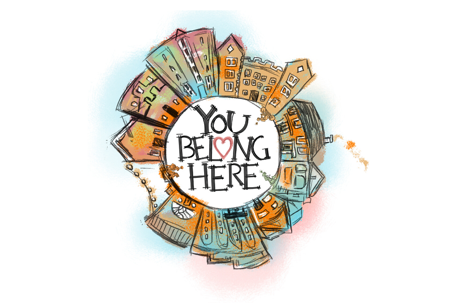 Illustration of a the 2020 Room Selection logo - a circle with drawn residence halls and the words You Belong Here in the middle