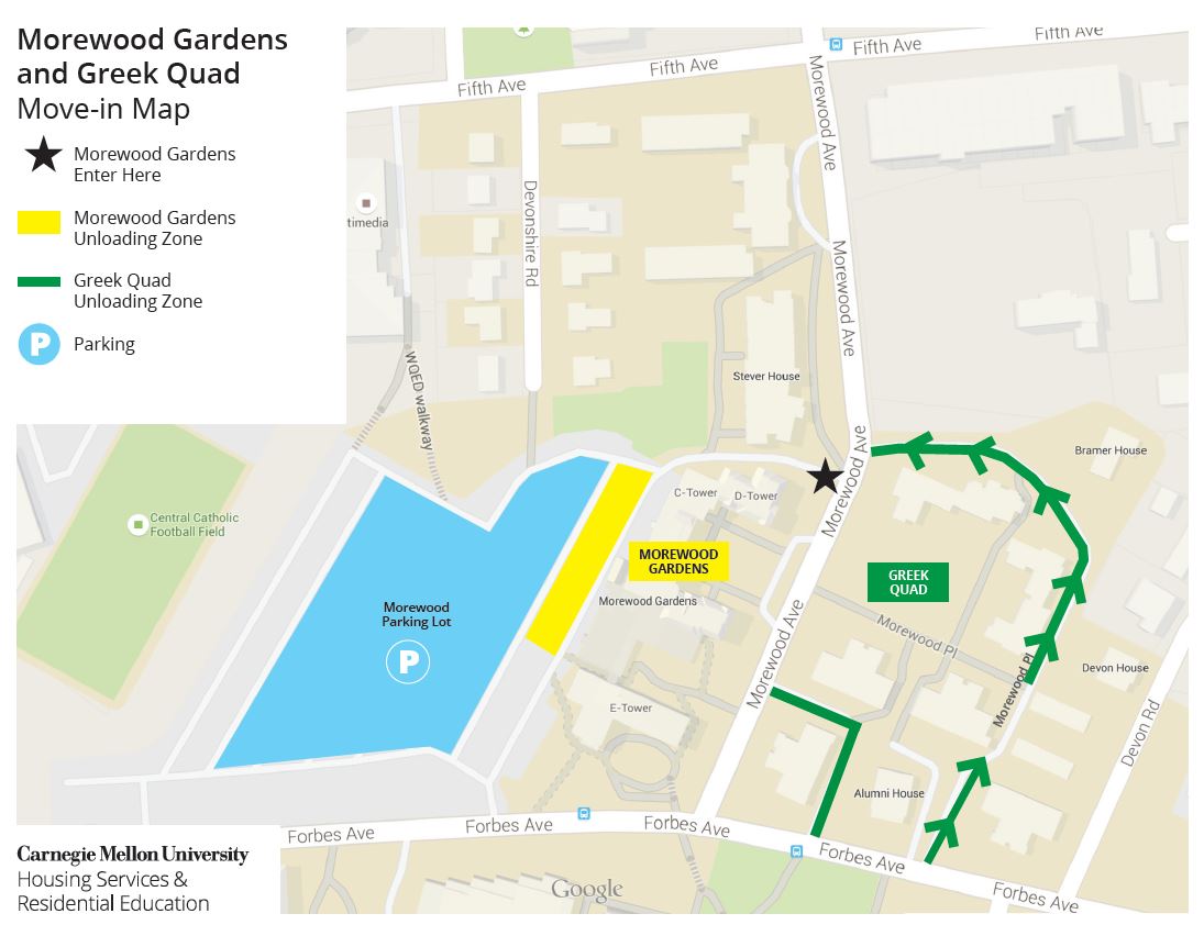 Morewood Avenue and Greek Quad Move-in Map