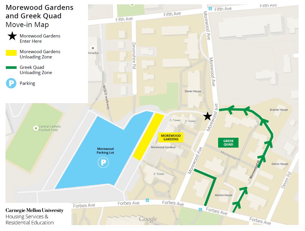 Morewood Avenue and Greek Quad Move-in Map