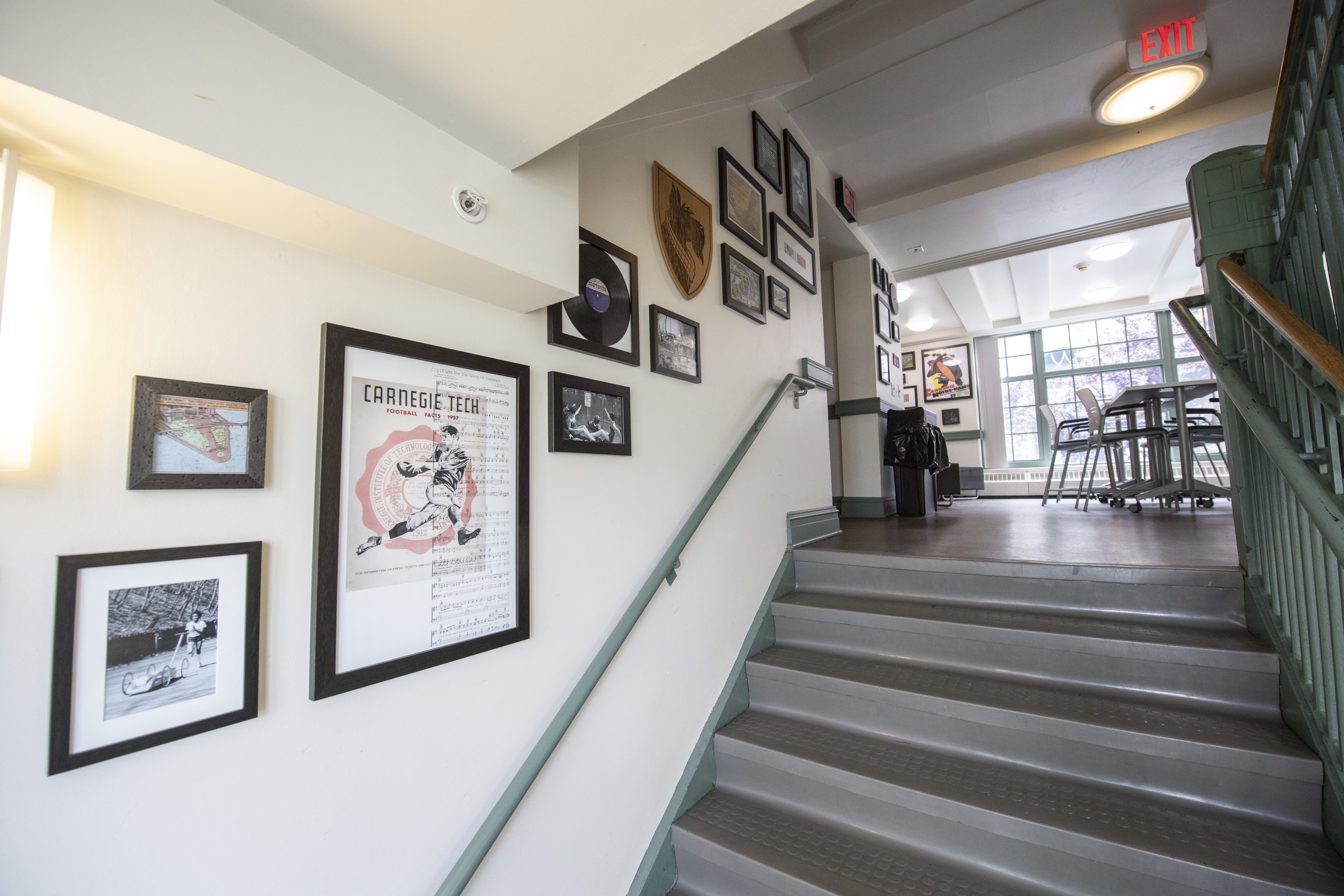 Scobell House Stairwell to Main Lounge - CMU brand on the walls leading up the stairs to the lounge