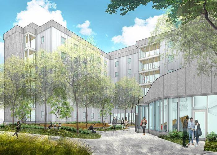 rendering of Fifth Clyde a multi-floor residence hall from the courtyard perspective