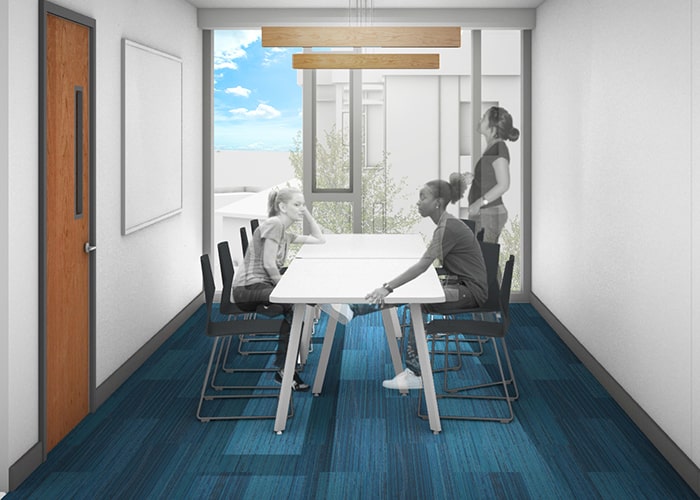 Fifth Clyde study lounge - table chairs floor to ceiling window white board and drawing of students