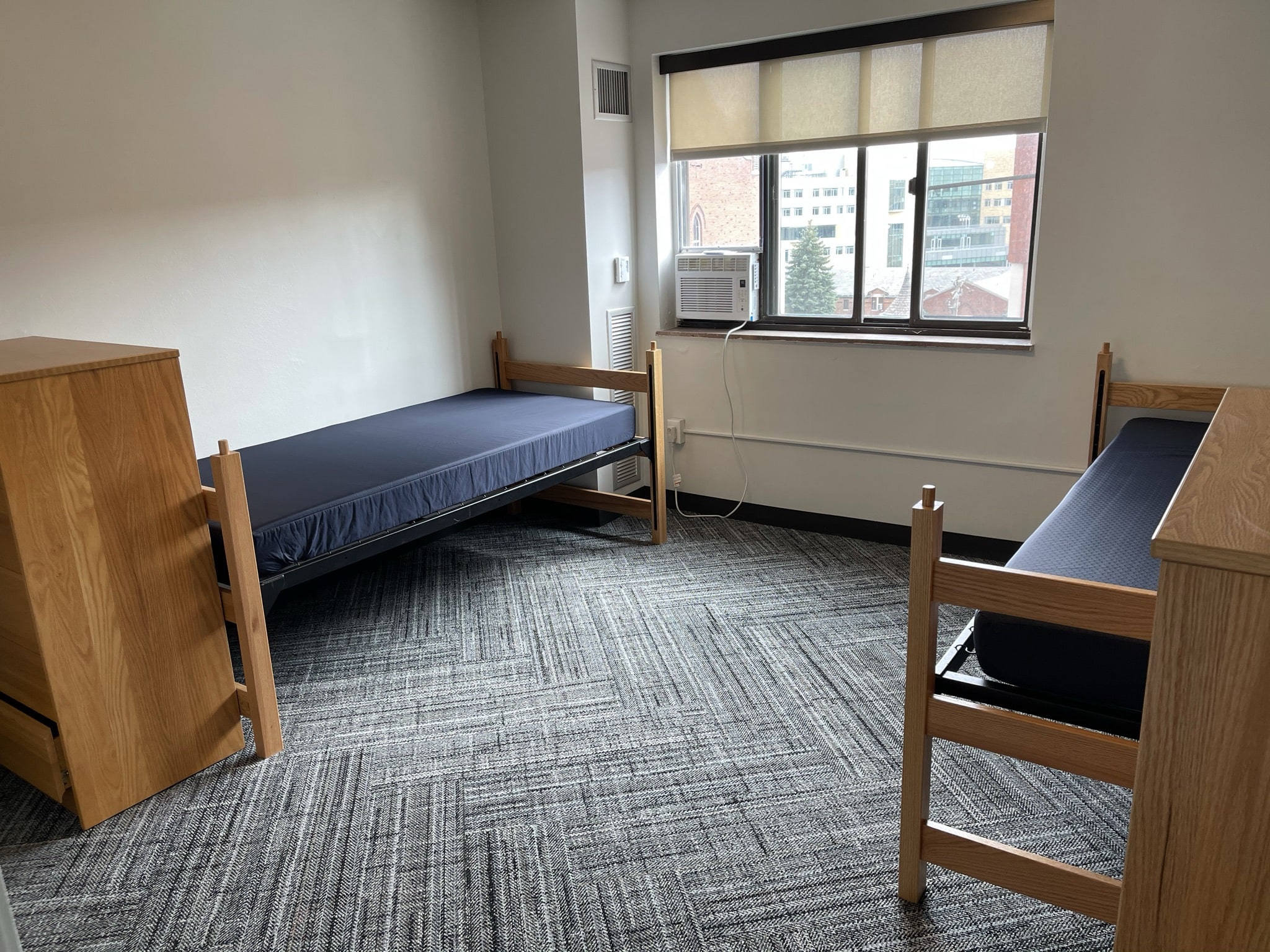 Fifth Neville Apartments Double - dresser, bed, AC, window, bed and dresser