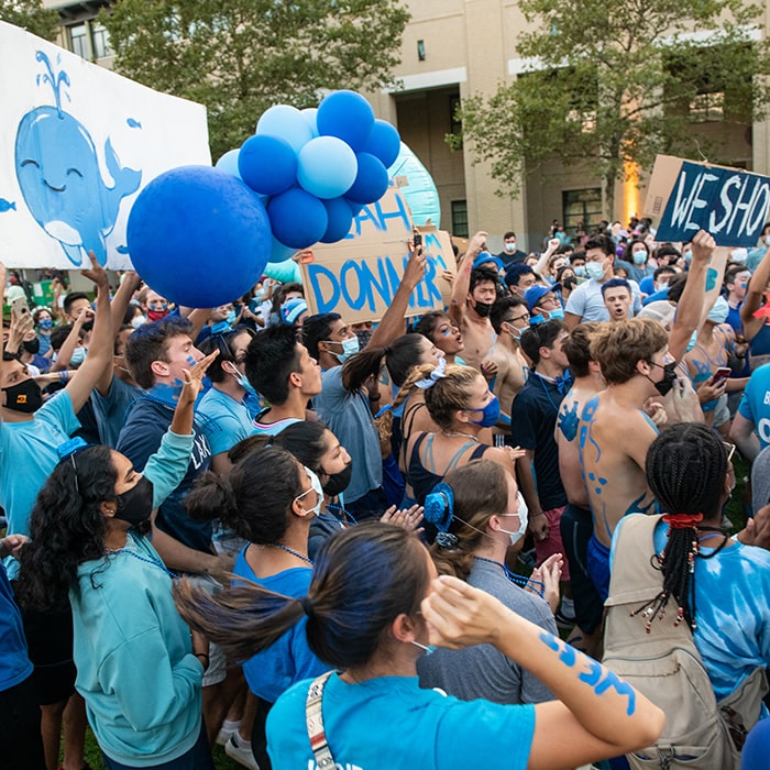 students dressed in blue during house wars