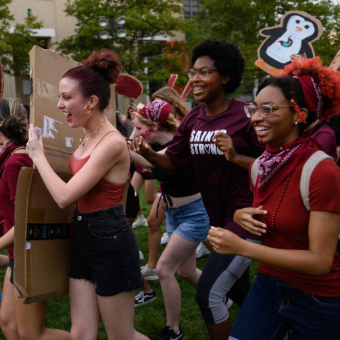 students wearing red and maroon during Housewars