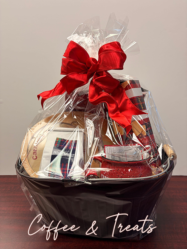 Coffee and treats raffle basket with coffee, a CMU mug, cookies and other treats