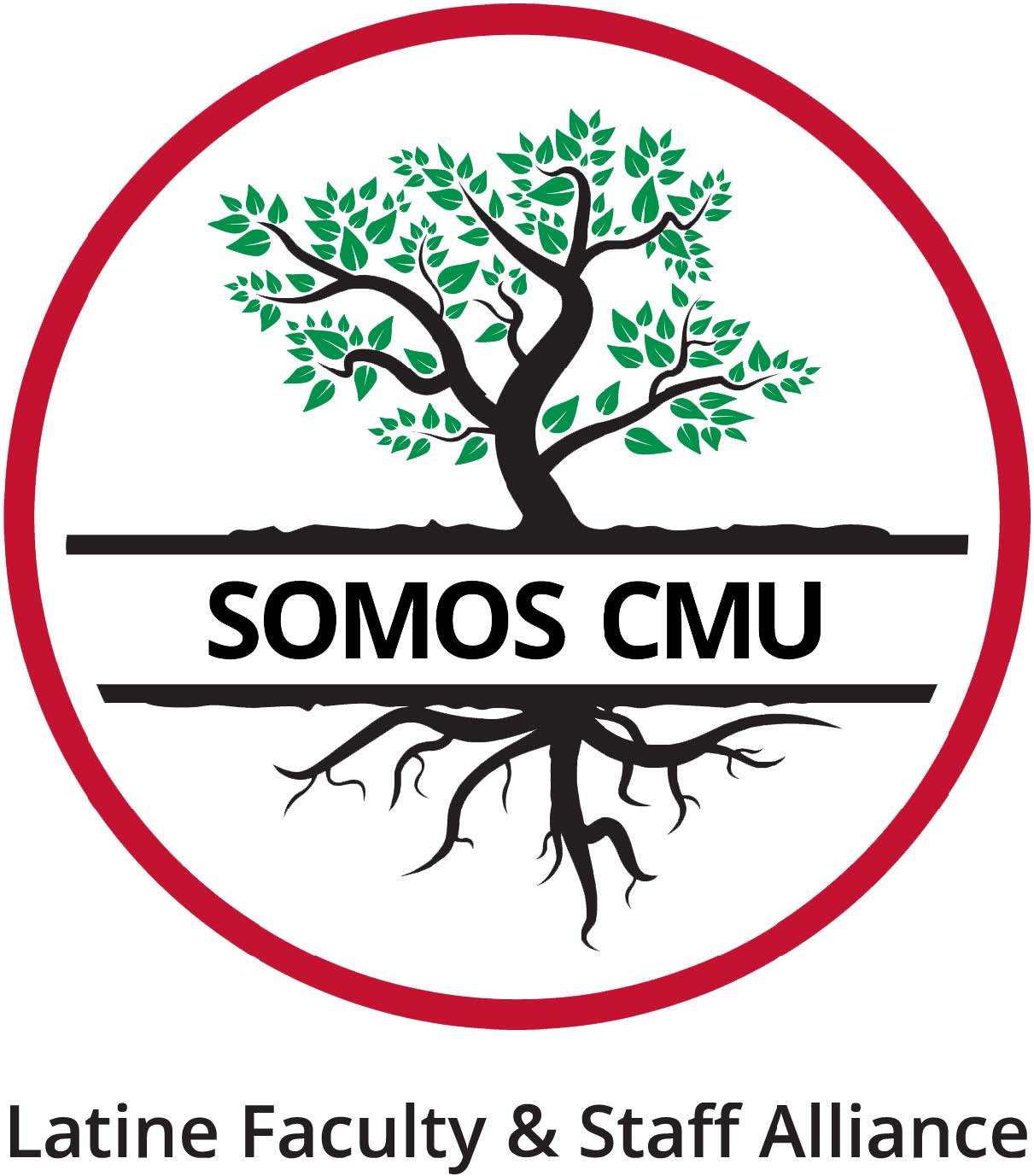 Latine Faculty and Staff Alliance logo of a green tree with black trunk and roots surrounded by a red circle and including the words Somos CMU 
