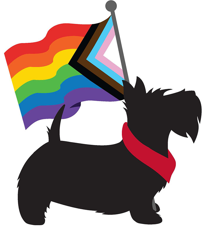 Scotty dog carrying the Progress Pride Flag