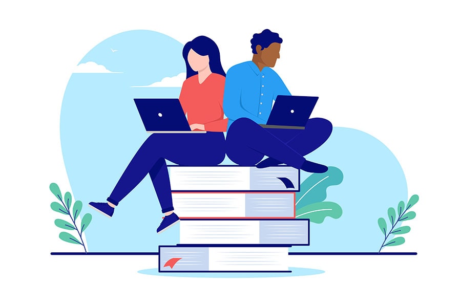 Illustrated woman and man sitting on books with laptops
