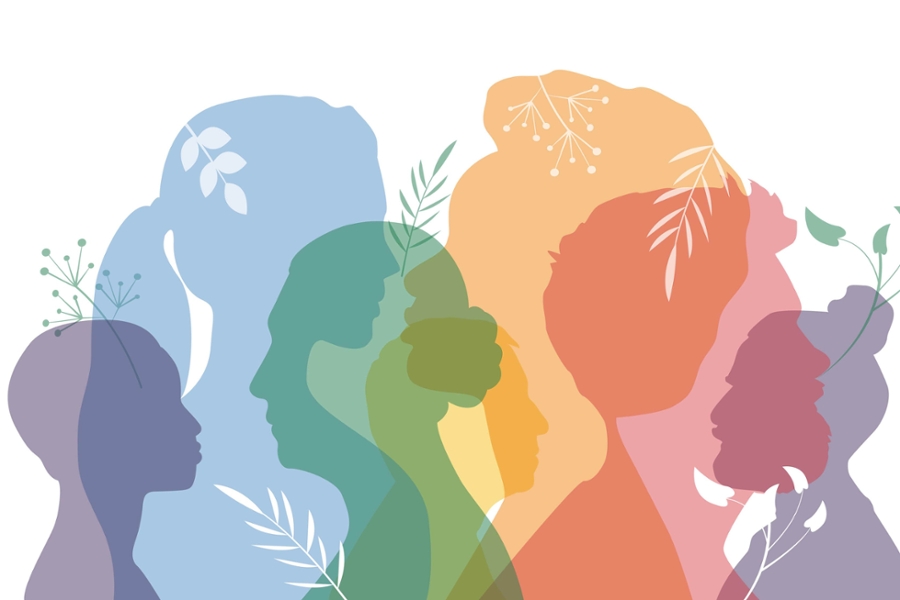 Mental health concept of many pastel-colored silhouettes facing different directions and overlaid with foliage