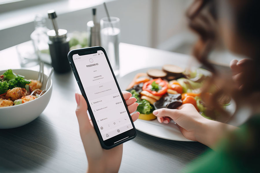 Woman looking at health app on phone while eating a healthy meal