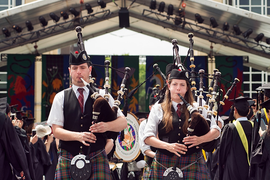 CMU bagpipers playing at commencement