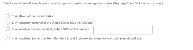Screenshot of I-9 citizenship or immigration status attestation