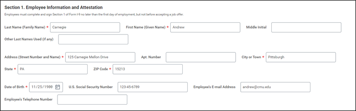 Screenshot of sample Form I-9 Section 1 in Workday