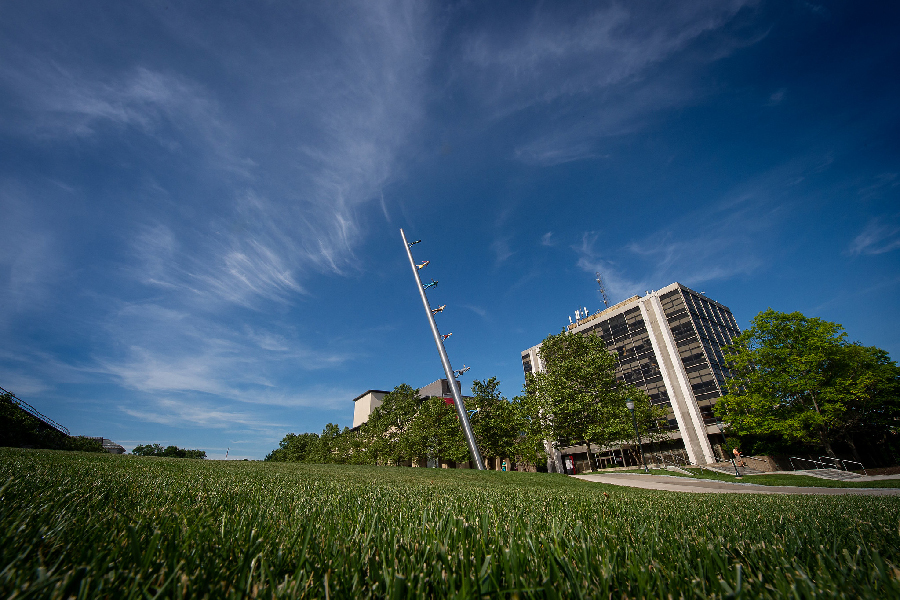 Campus Cut with Walking to Sky statue, Warner Hall in background, blue sky and green grass