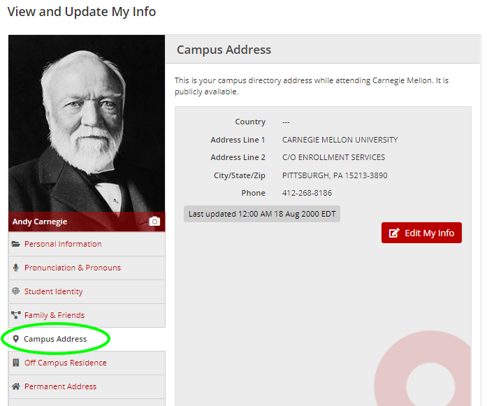 Campus Address screen on SIO My Info page
