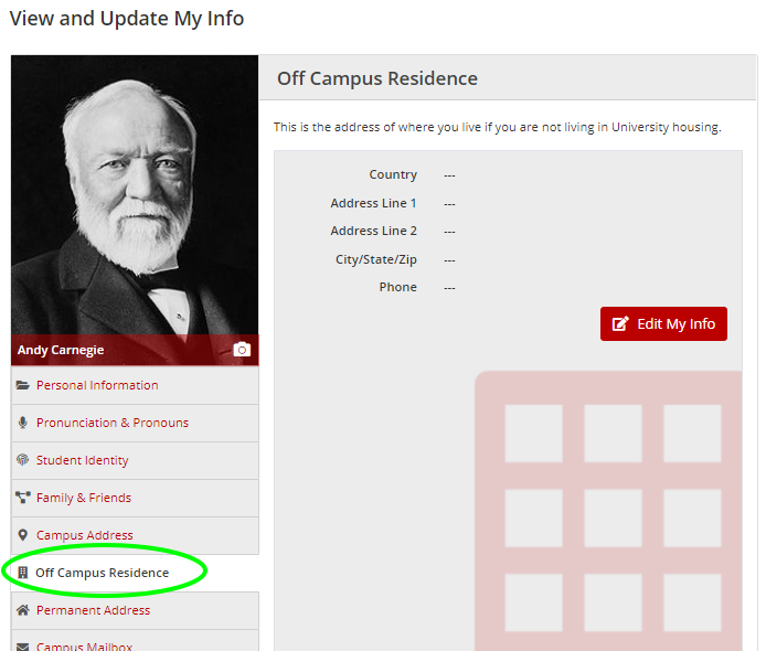 Off-Campus Residence screen on SIO My Info page