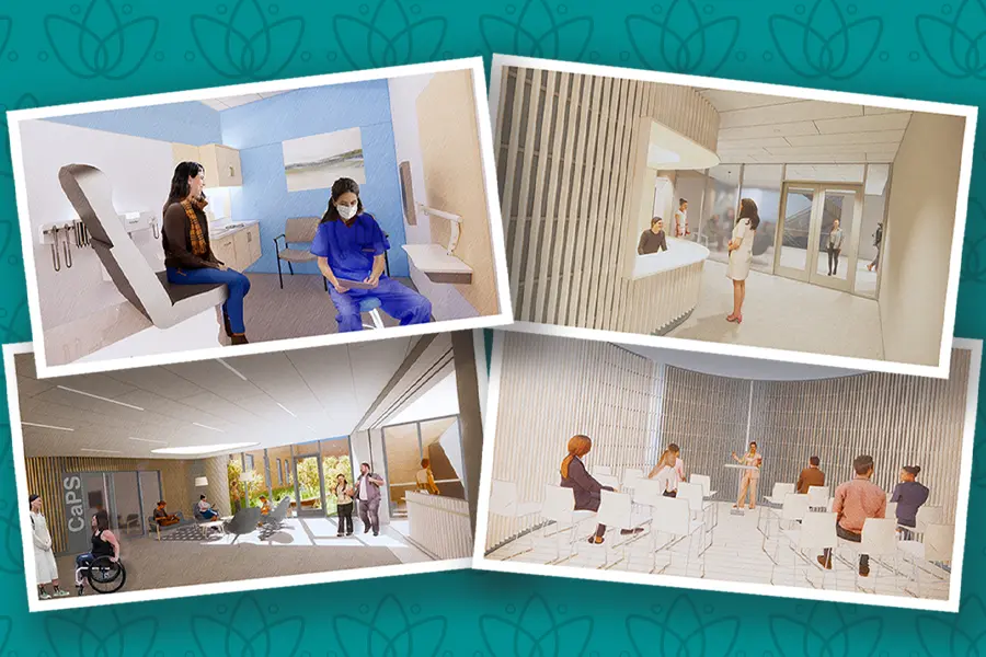 Collage of renderings of exam room, CaPS lobby, prayer room and wellness lounge