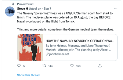 An example of a tweet that shared a story about how the US, the UK, and Germany have staged Navalny's poisoning.