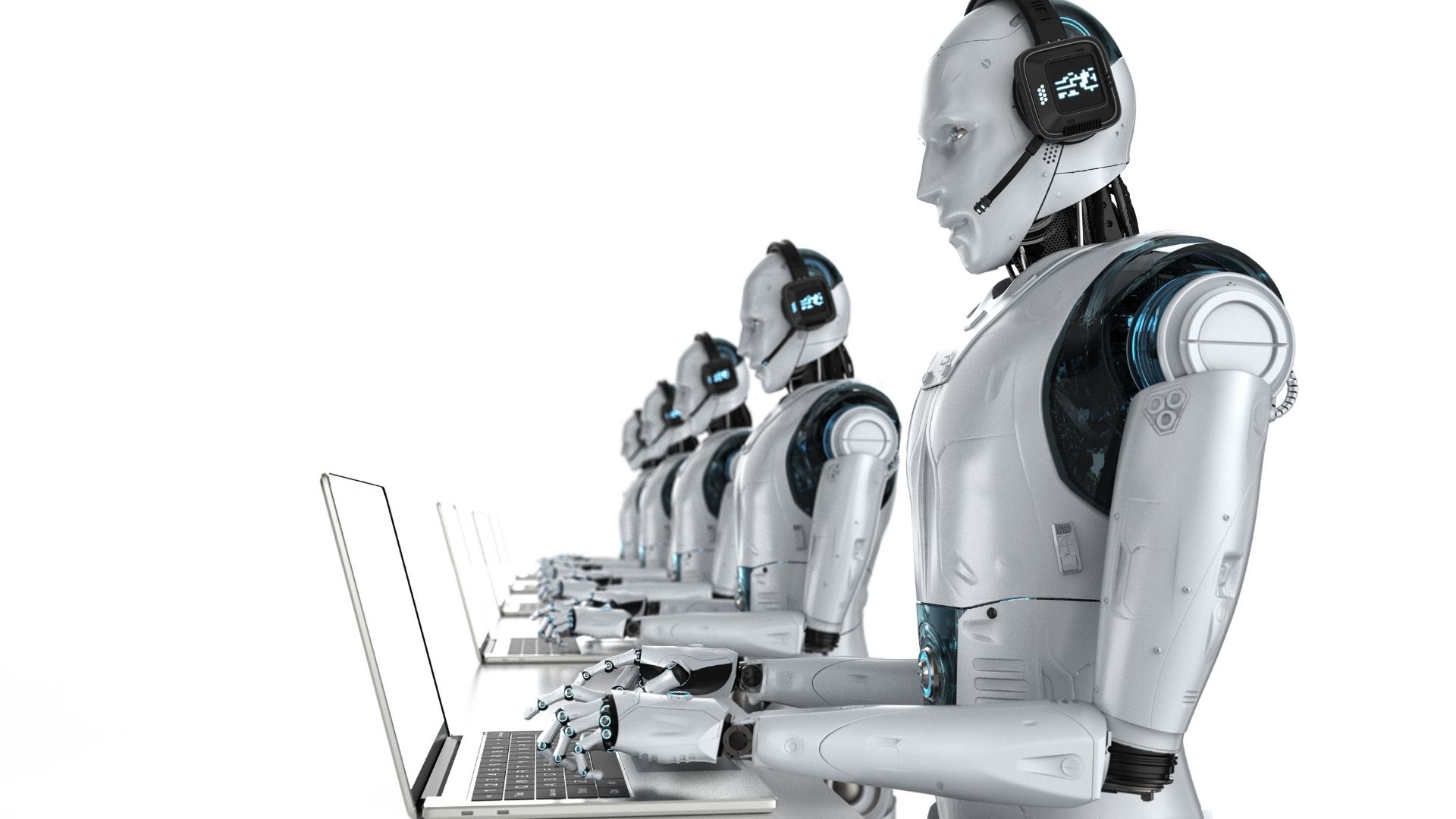 robots stand at laptop computers