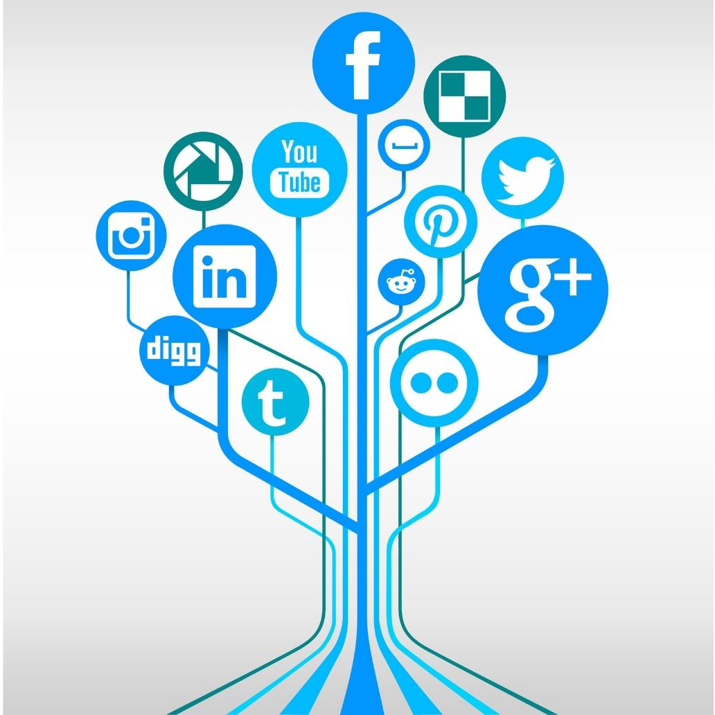 social media media icons and symbols form a tree through trailing liness 