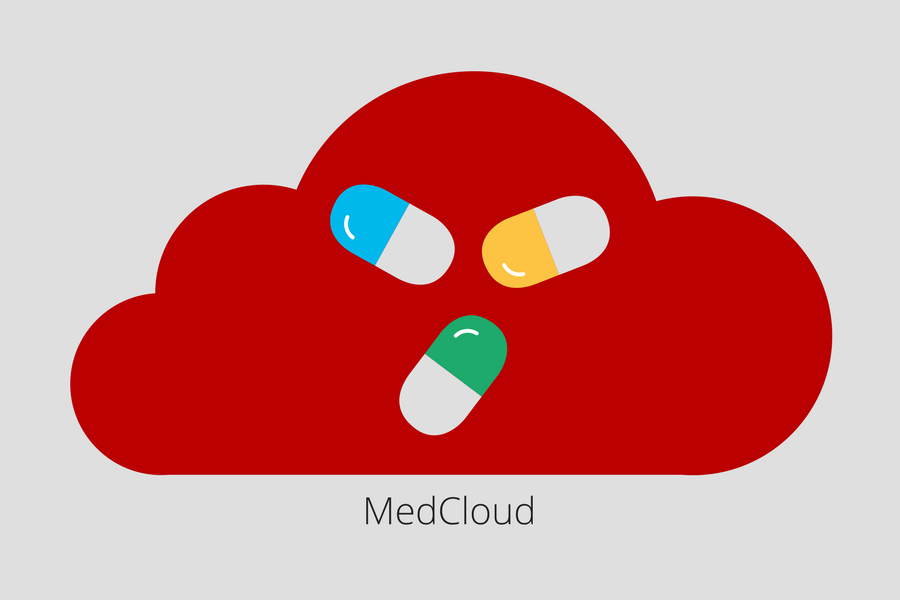 MedCloud logo, an illustration of a red cloud with colorful pills floating inside