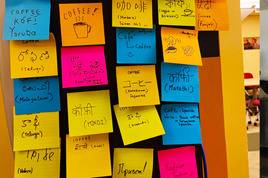 post it notes in different languages all about the word coffee