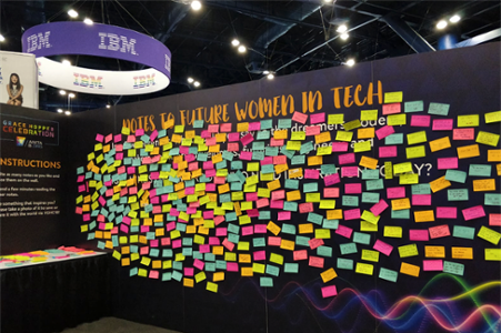 Attendees share hope and advice on "Notes to Future Women in Tech" Post-It board