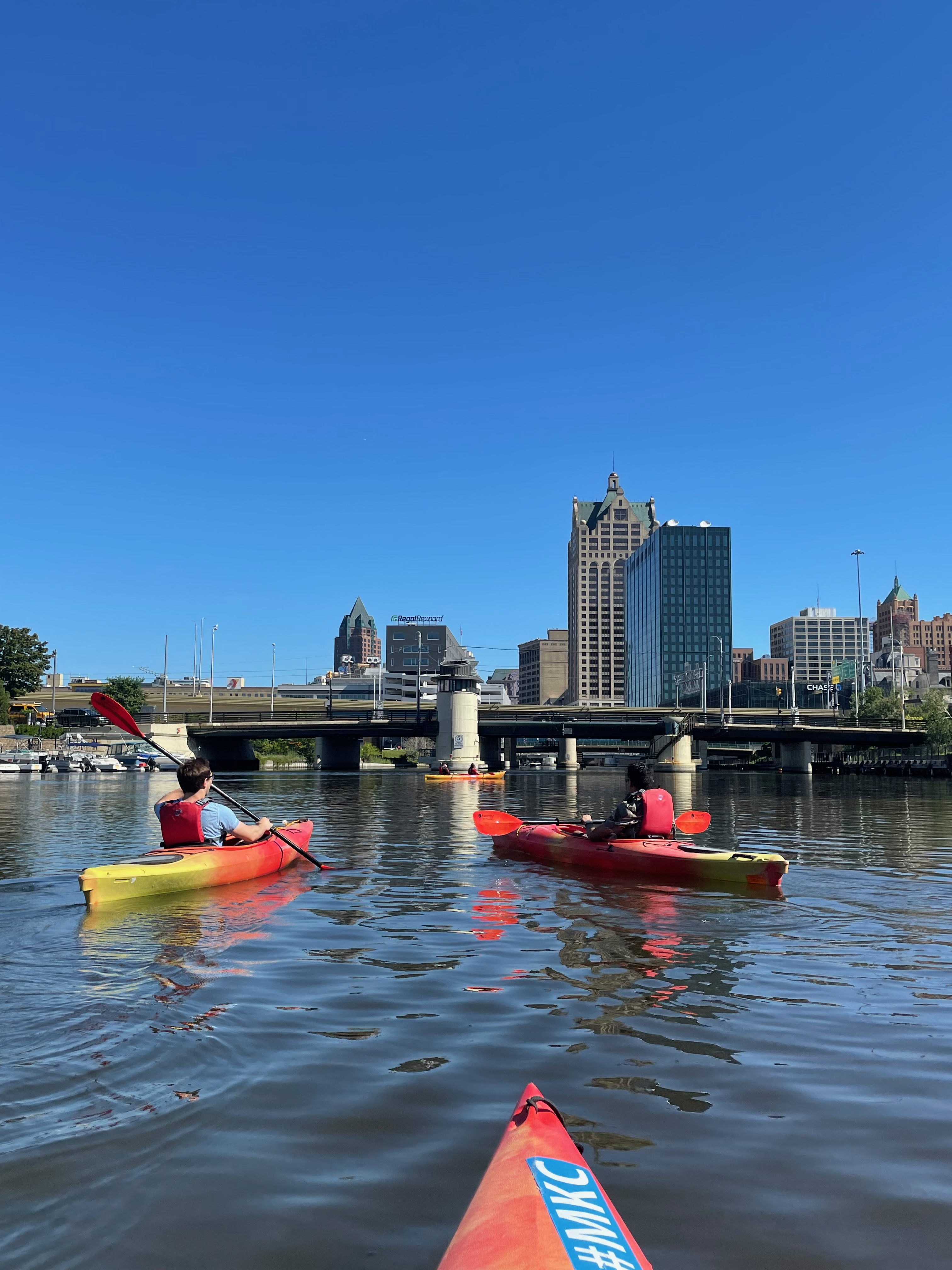 kayaks float on open water in Millwaukee