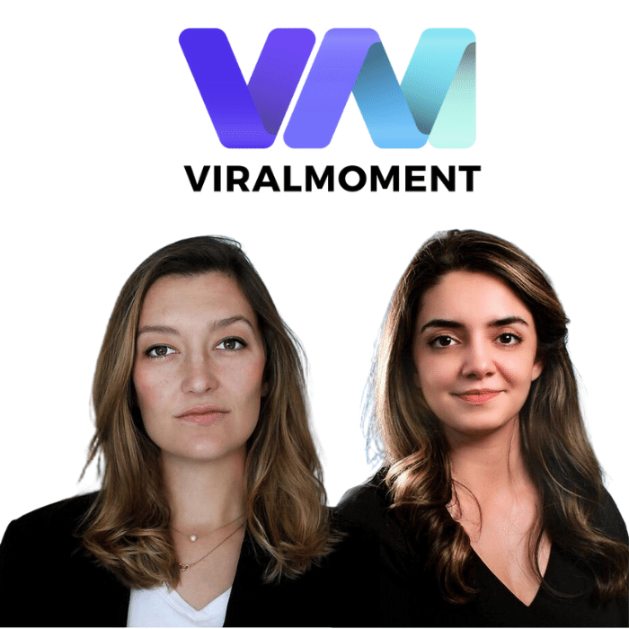 Hall has shoulder-length light brown hair and is wearing a black blazer and white t-shirt. Demooei has caramel highlighted long wavy hair; she is wearing a black v-neck shirt. The company's logo is is a blue-to-aqua ombre across a connect capital V and capital M