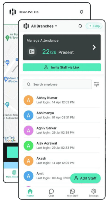 Attendance tracking within the app shows 22/26 present with employee names and login times listed below.