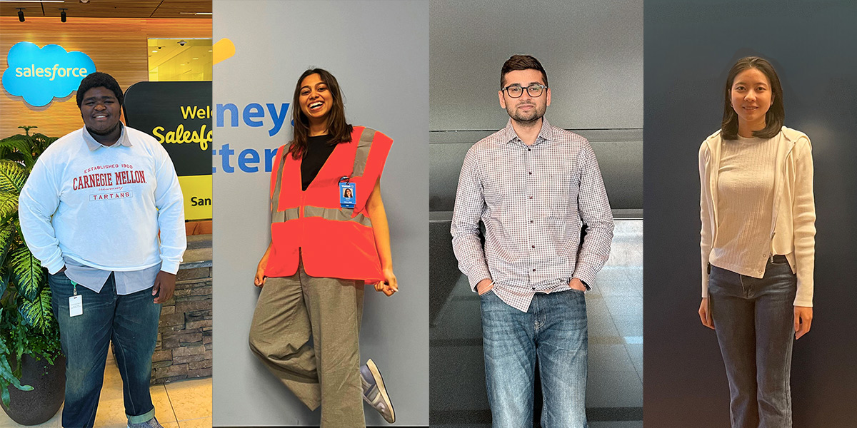 four photo frames show four different students at their internships