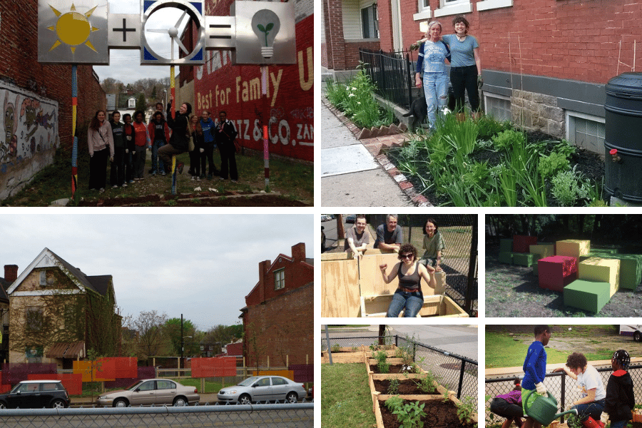 7-photo collage depicting Minette's volunteer efforts: two installations from the EcoDesigner's Guide - a three-poled sculpture of a sun, clock, and lightbulb and then a yellow, red, and purple color blocked wall shielding a vacant lot; Minette teaching kids about gardening and the finished raised beds; Minette and 3 others build wood seating and a photo of the finished project, a series of pink, yellow, and green painted boxes; and Minette in front of a landscaped sidewalk with the homeowner