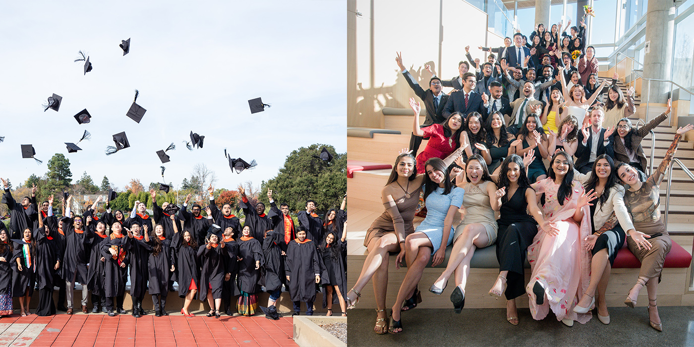 two photos are side by side, the first photo shows a group of graduates in their graduation gowns throwing their caps in the air. the second shows a group of graduates sitting on a set of stairs and waving their hands in enjoyment