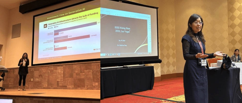 Two-photo collage: on the left, a woman stands on a stage, talking into a microphone about the slide projected to the right: a bar graph depicting three categories of funding for an "Investment View on Generative AI; on the right, a woman, with arms open in mid-explanation, stands next to a projector on a black stand with a dropdown screen behind her. 