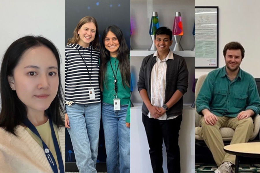 four photo frames show four different students at their internships