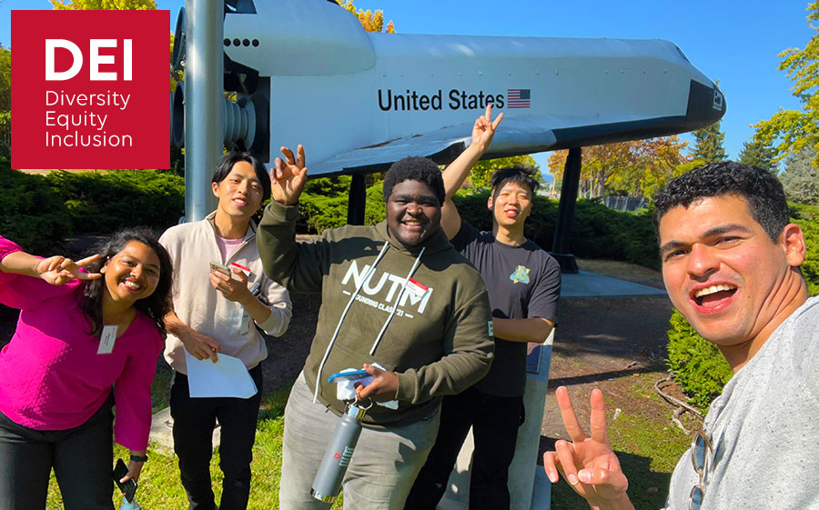 DEI Resources Page Hero - Students at Silicon Valley campus in front of shuttle