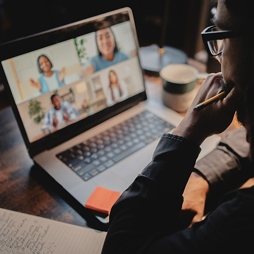 student in an online working group on a laptop computer, learn innovation