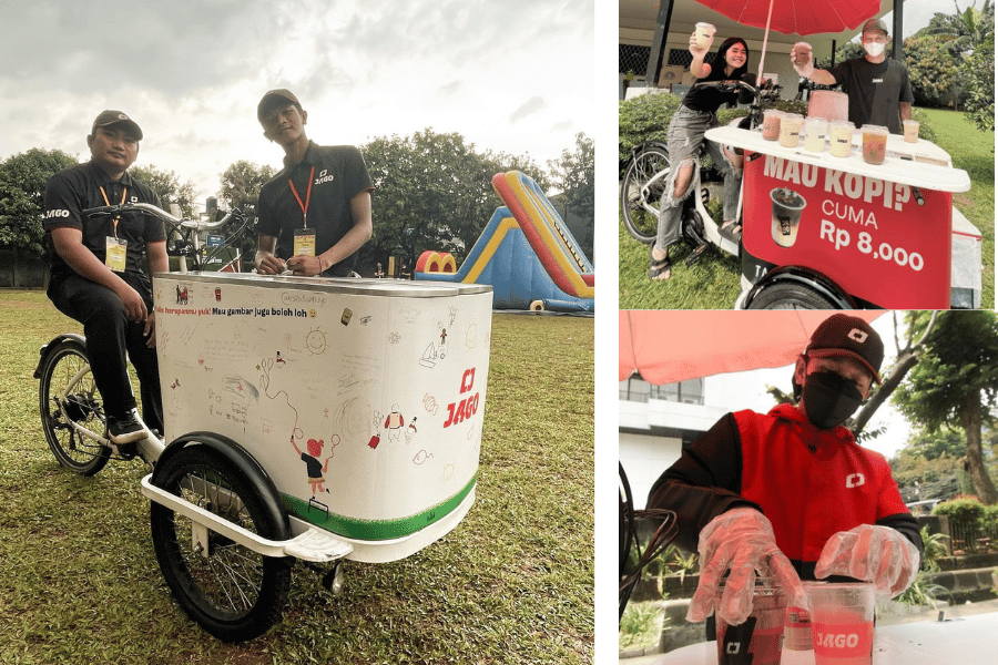 Photo collage with two men dressed in black behind a while mobile coffee cart, a customer and barista cheers with coffee, and a masked gentleman delivers two finished drink orders