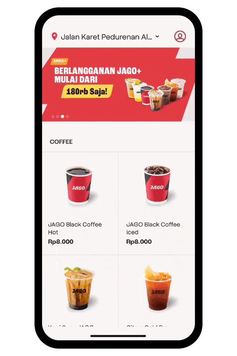 This gif depicts the Jago Coffee Mobile App and shows the order and map screens