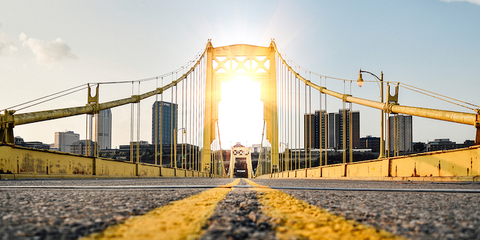 A bridge in Pittsburgh at sunrise