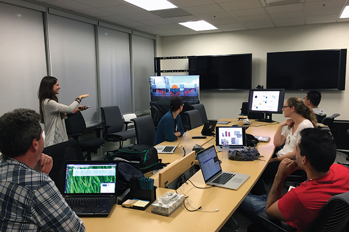 Students demonstrating the fling-to-display gesture at Google's headquarters.