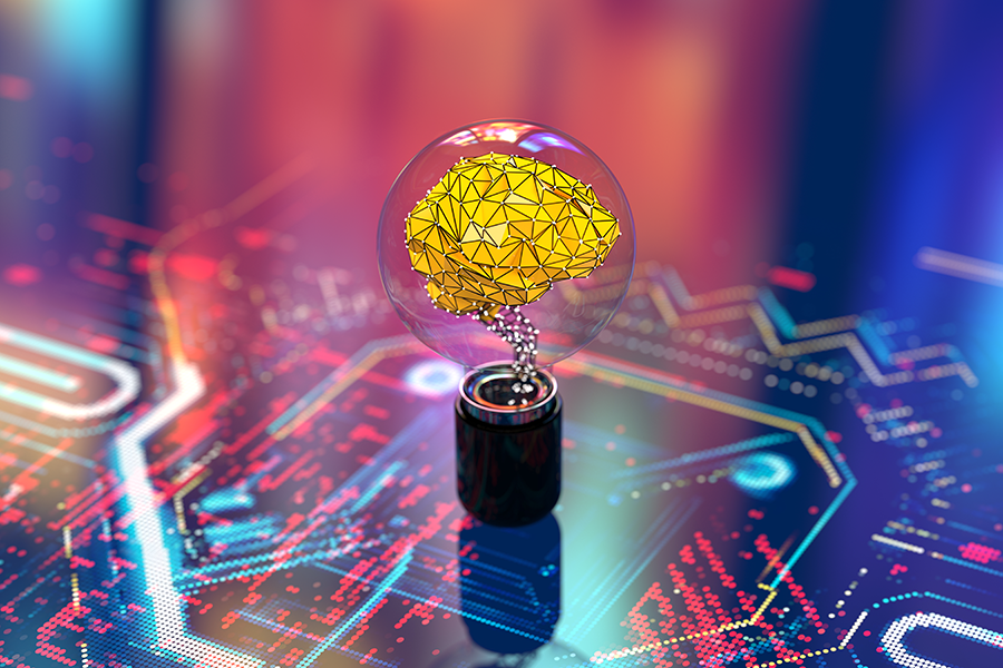 Lightbulb with yellow brain illustration inside glass floating above colorful cyber graph