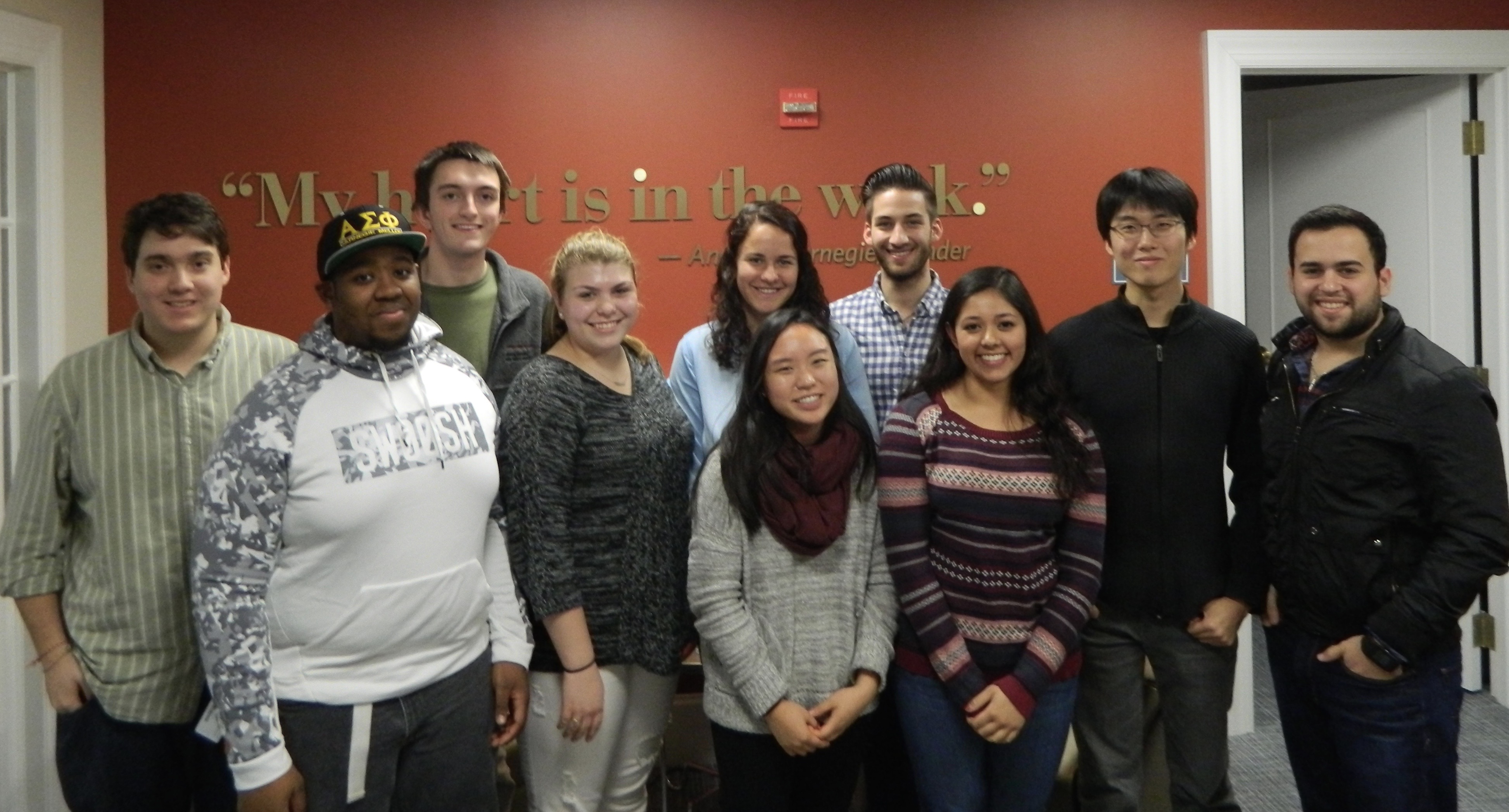 spring 2016 washington semester students pose after their orientation session in the Washington, DC office.